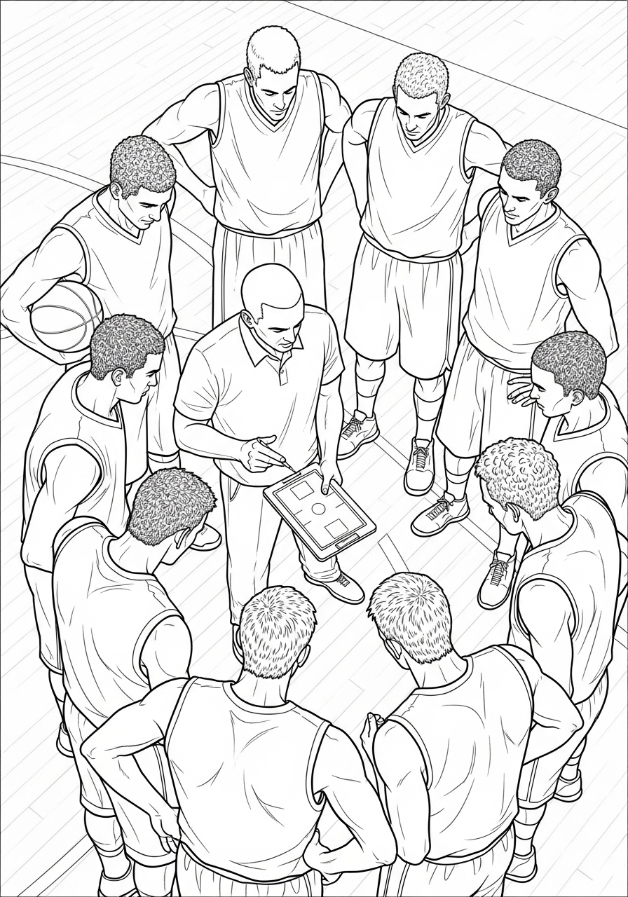Desenho de basquetebol com jogadores e treinador para colorir