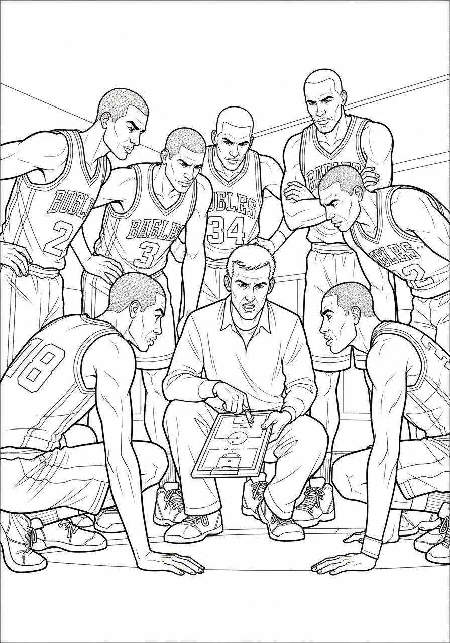 Desenho de Basquetebol com time em reunião para colorir