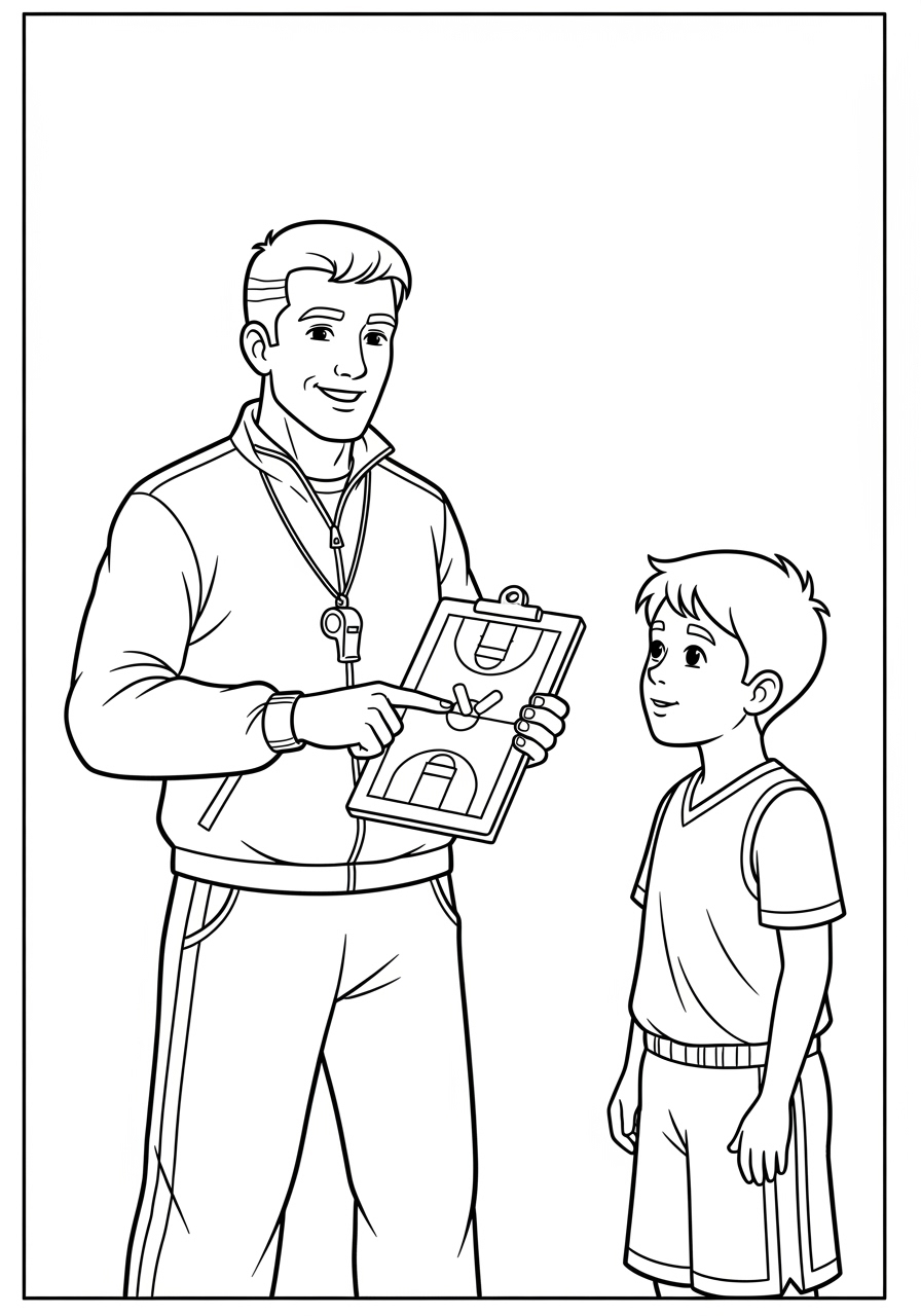 Desenho de treinador com menino mostrando o quadro tático