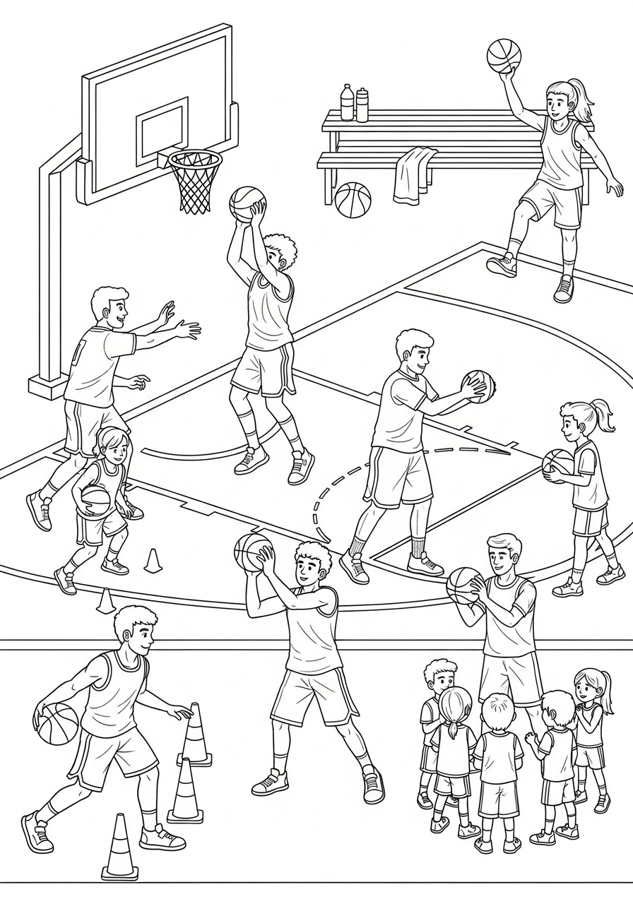 Desenho de Basquetebol com crianças jogando na quadra