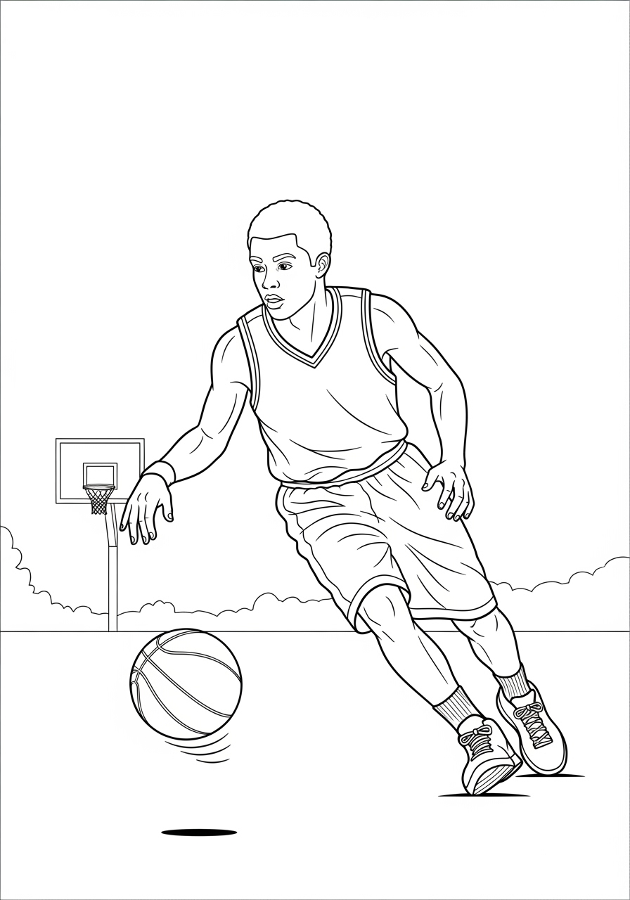 Desenho de Basquetebol com jogador driblando a bola para colorir