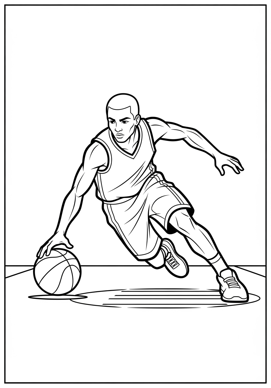 Desenho de Basquetebol com jogador trazendo a bola para colorir