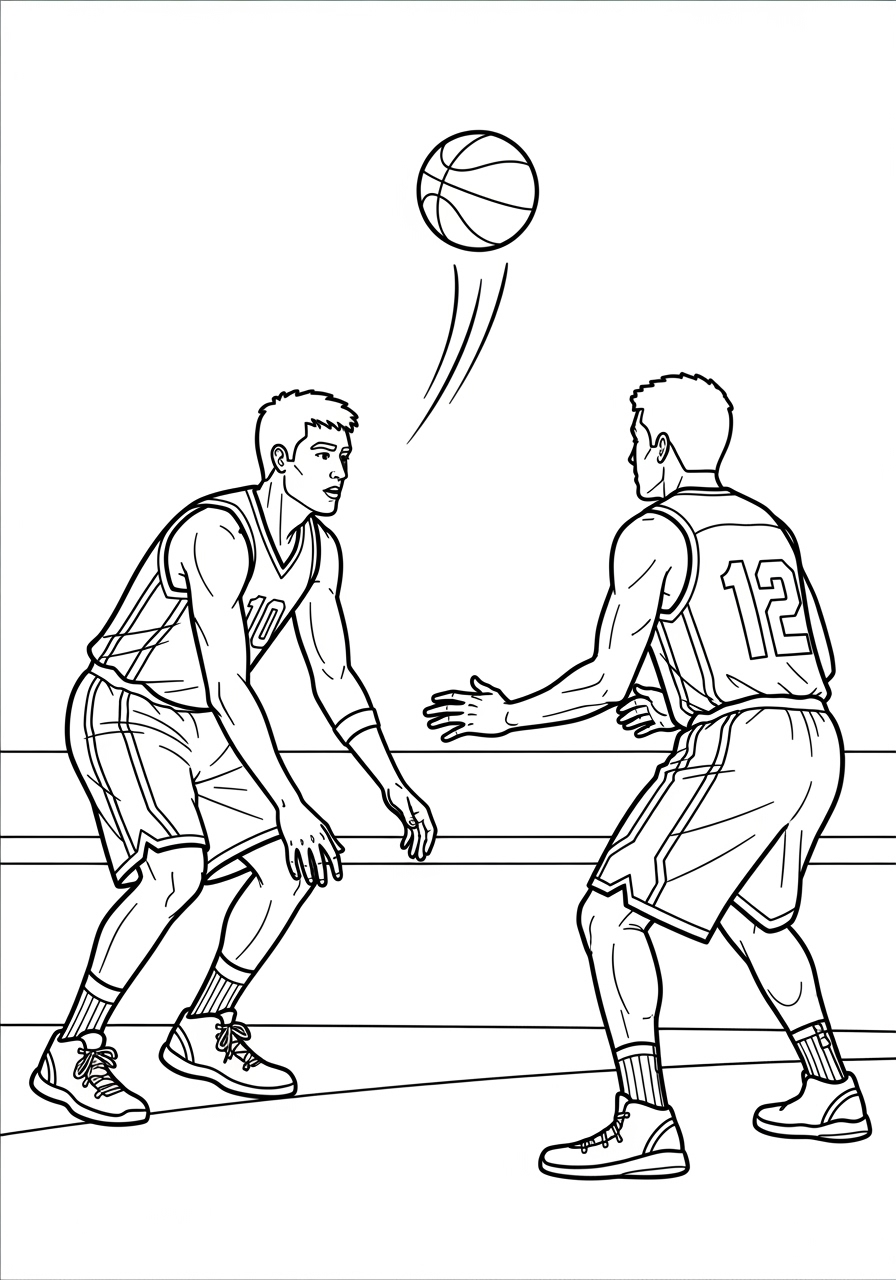 Desenho de Basquetebol com jogadores passando a bola para colorir