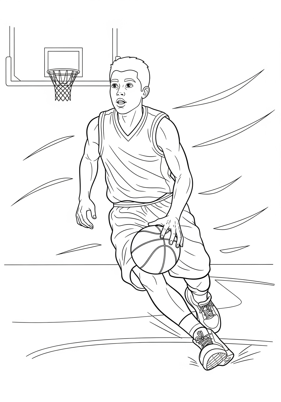 Desenho de Basquetebol com jogador driblando para colorir