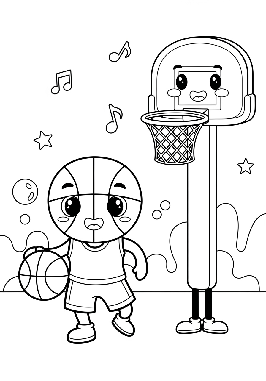 Desenho de Basquetebol fofo com personagem e cesta para colorir