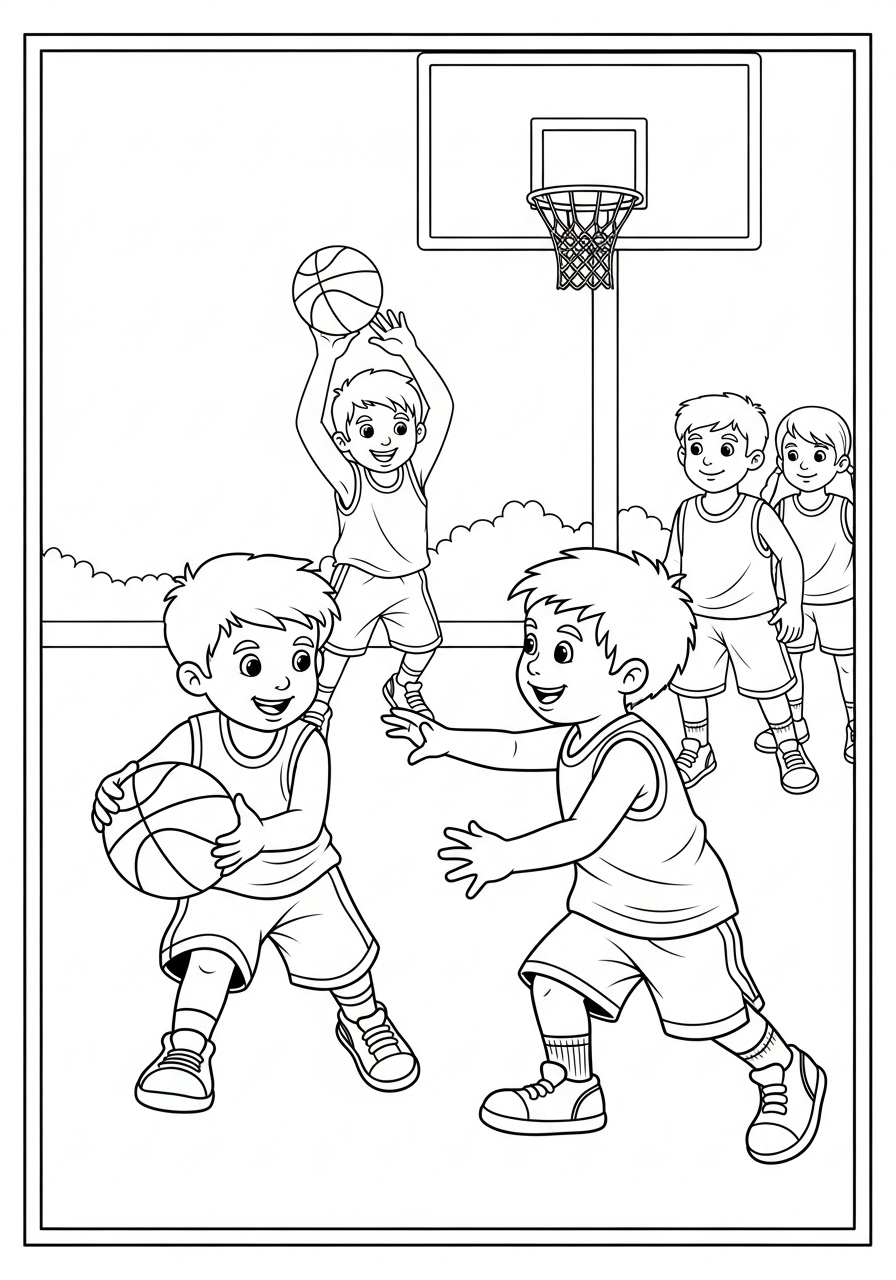 Desenho de crianças jogando basquetebol para colorir