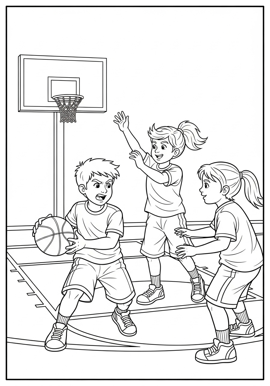 Desenho de crianças jogando basquetebol para colorir