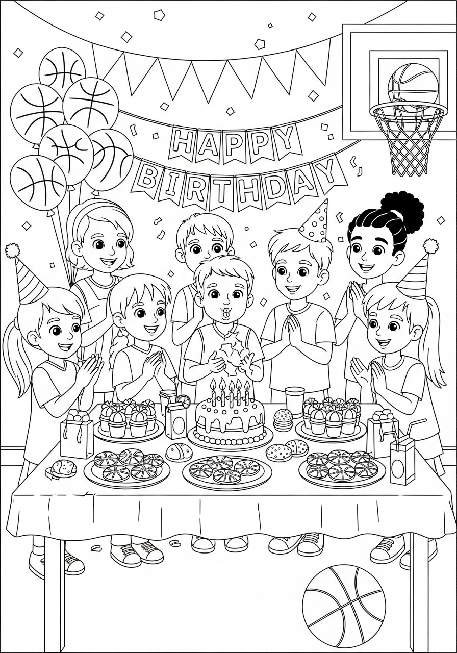 Desenho de festa de aniversário com tema de basquetebol