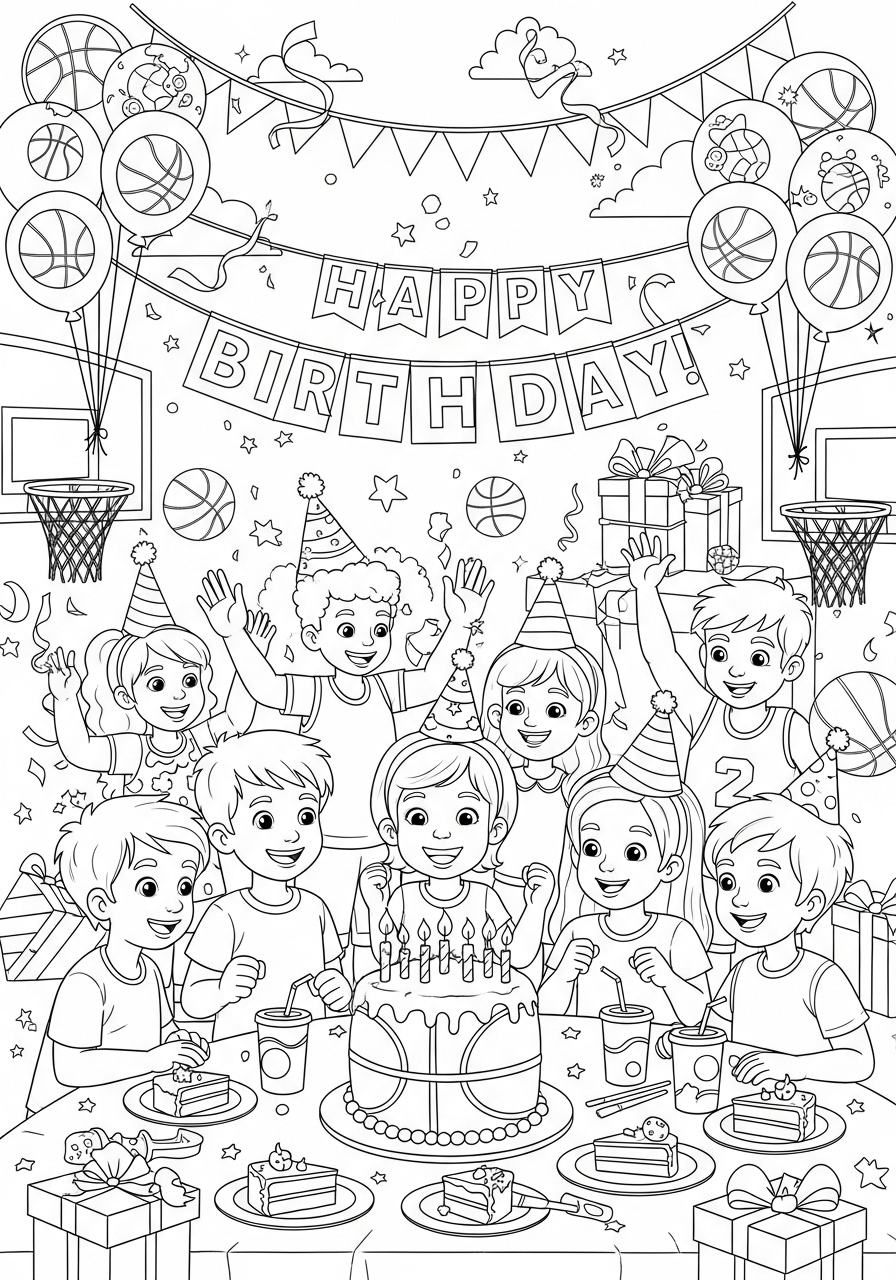 Desenho de festa de aniversário com bolas de basquetebol para colorir