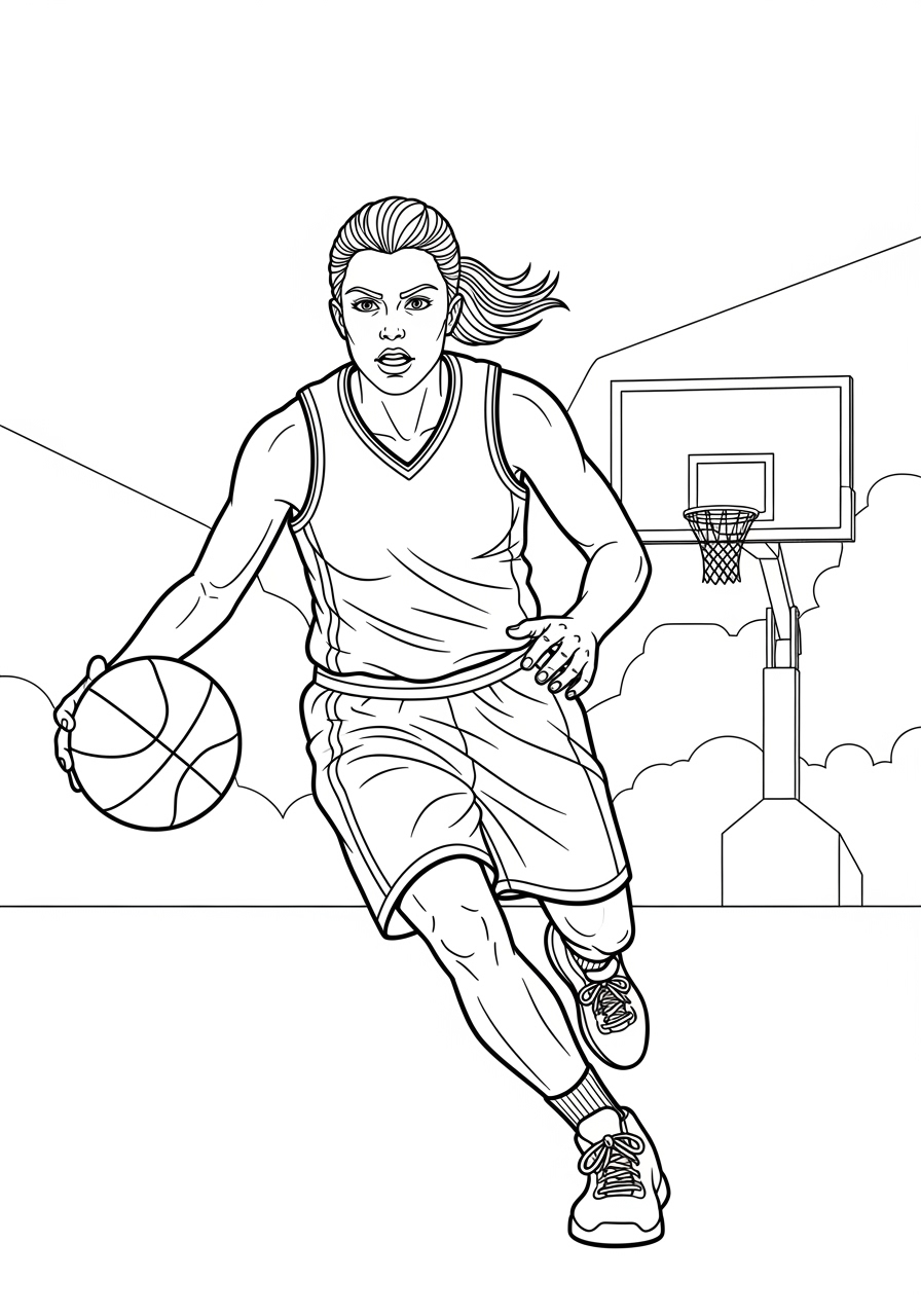 Desenho de mulher jogando basquetebol com bola para colorir