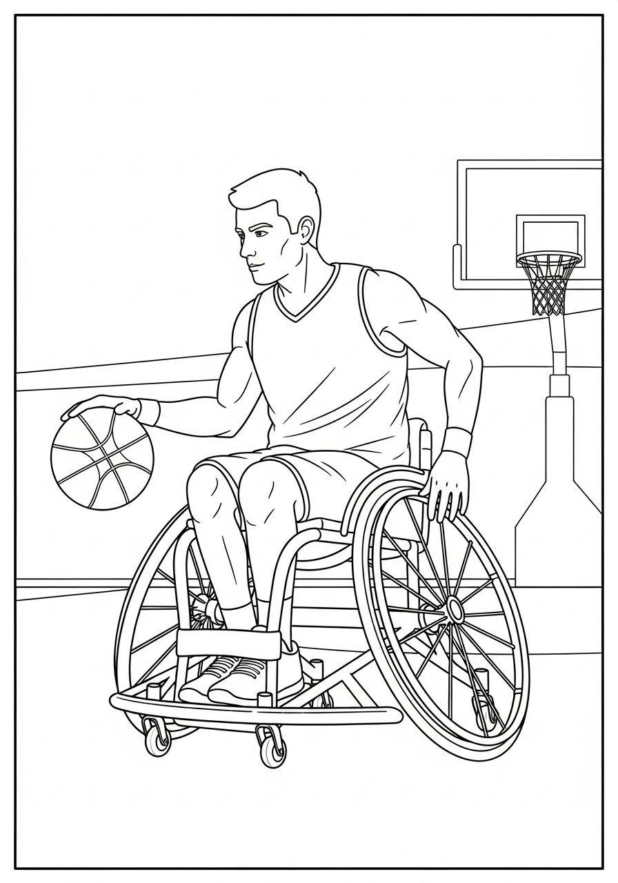 Desenho de basquetebol em cadeira de rodas para colorir