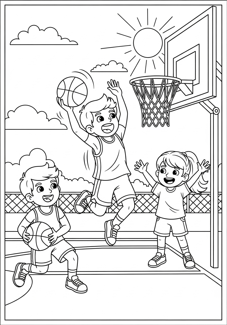 Desenho de crianças jogando basquetebol na quadra para colorir