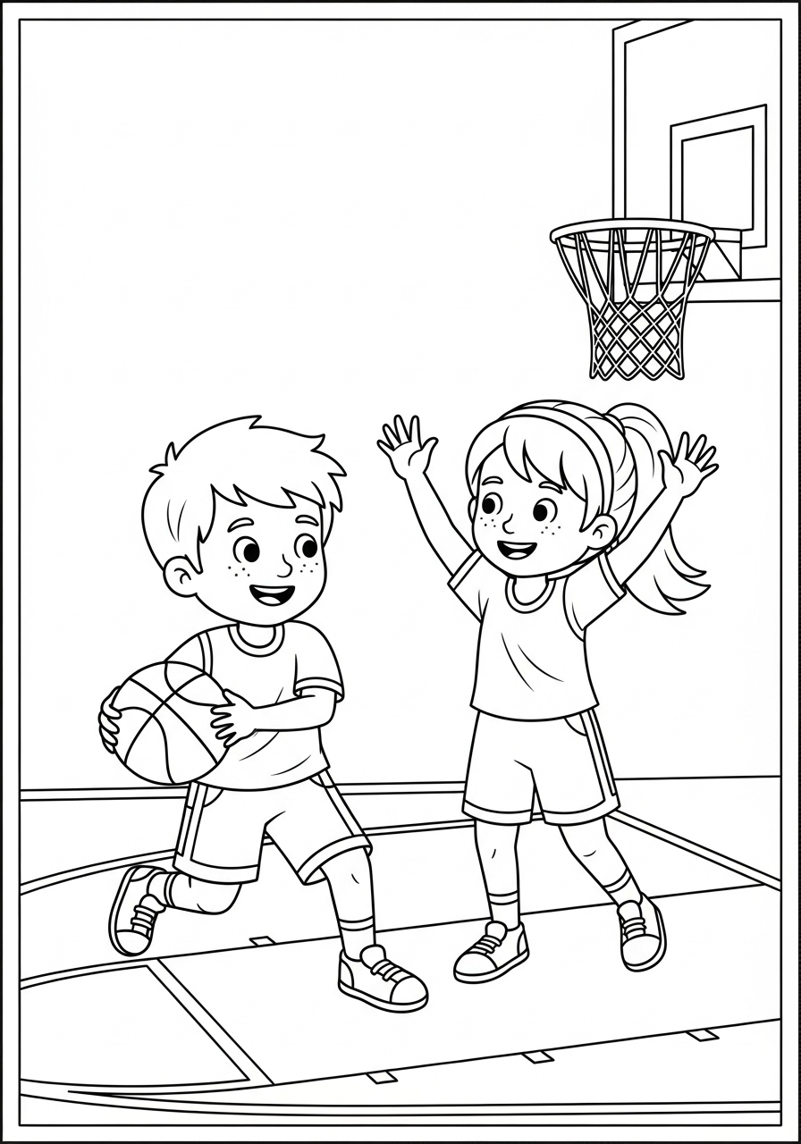 Desenho de crianças jogando basquetebol para colorir