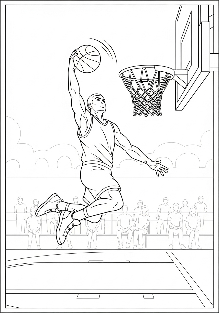 Desenho de jogador de basquetebol fazendo enterrada para colorir