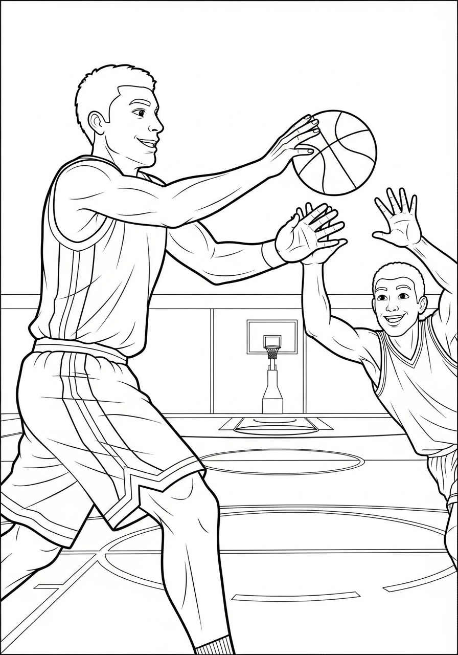 Desenho de Basquetebol com jogadores passando a bola para colorir