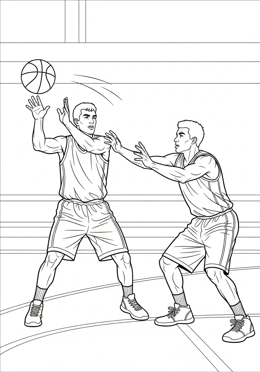 Desenho de Basquetebol com jogadores em ação para colorir