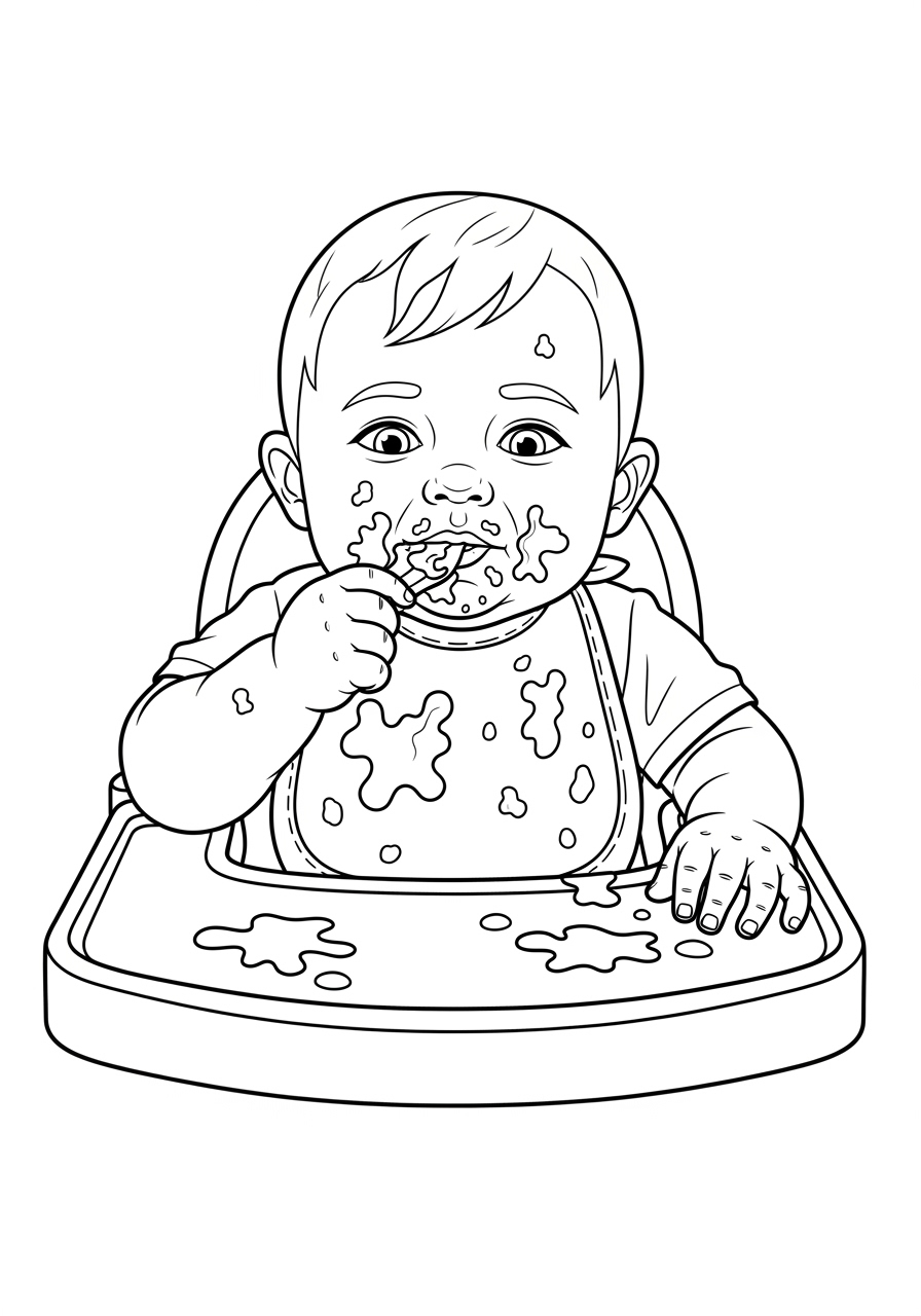Desenho de Bebê comendo sujando as mãos para colorir