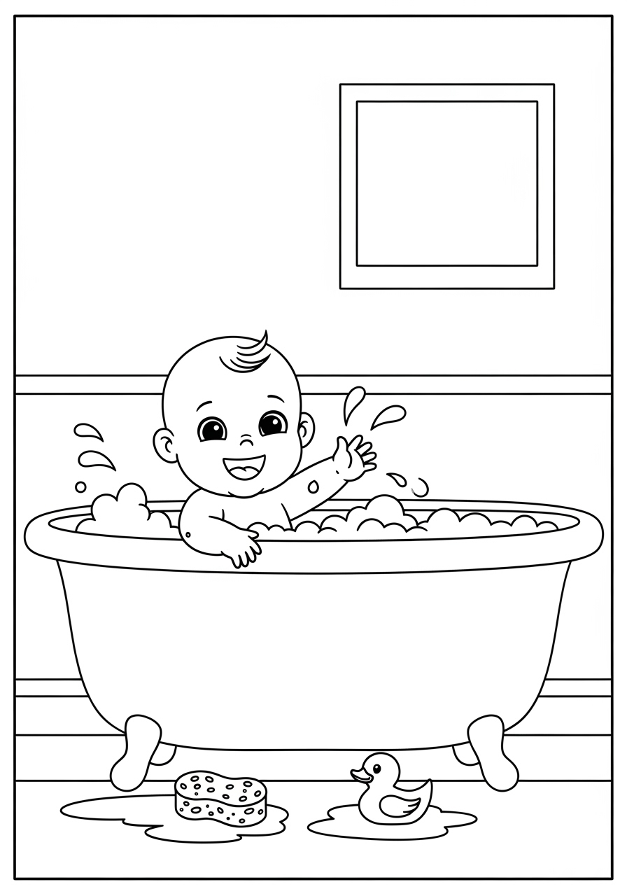 Desenho de Bebê Fofa no Banho para colorir