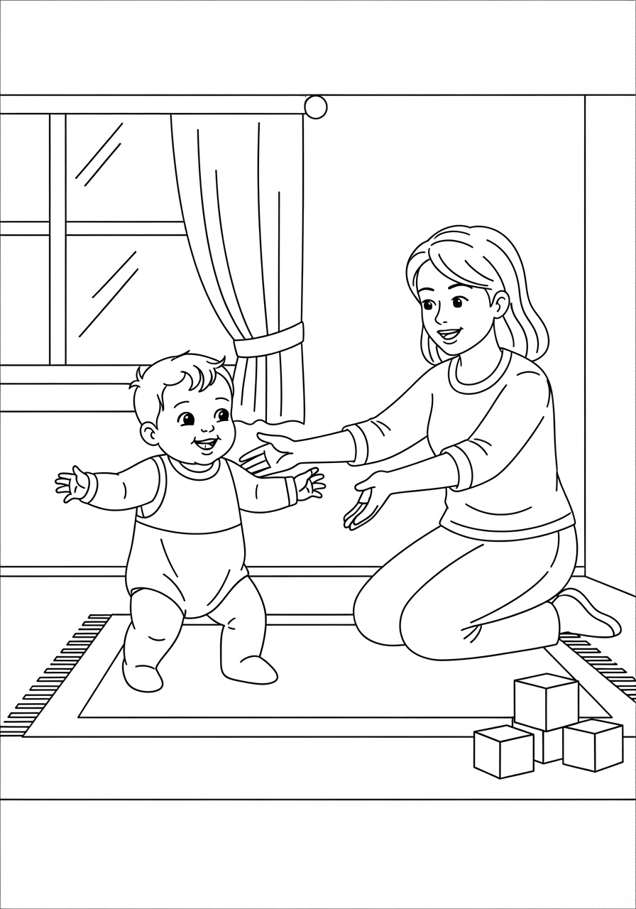 Desenho de Bebê e Mãe brincando em casa para colorir
