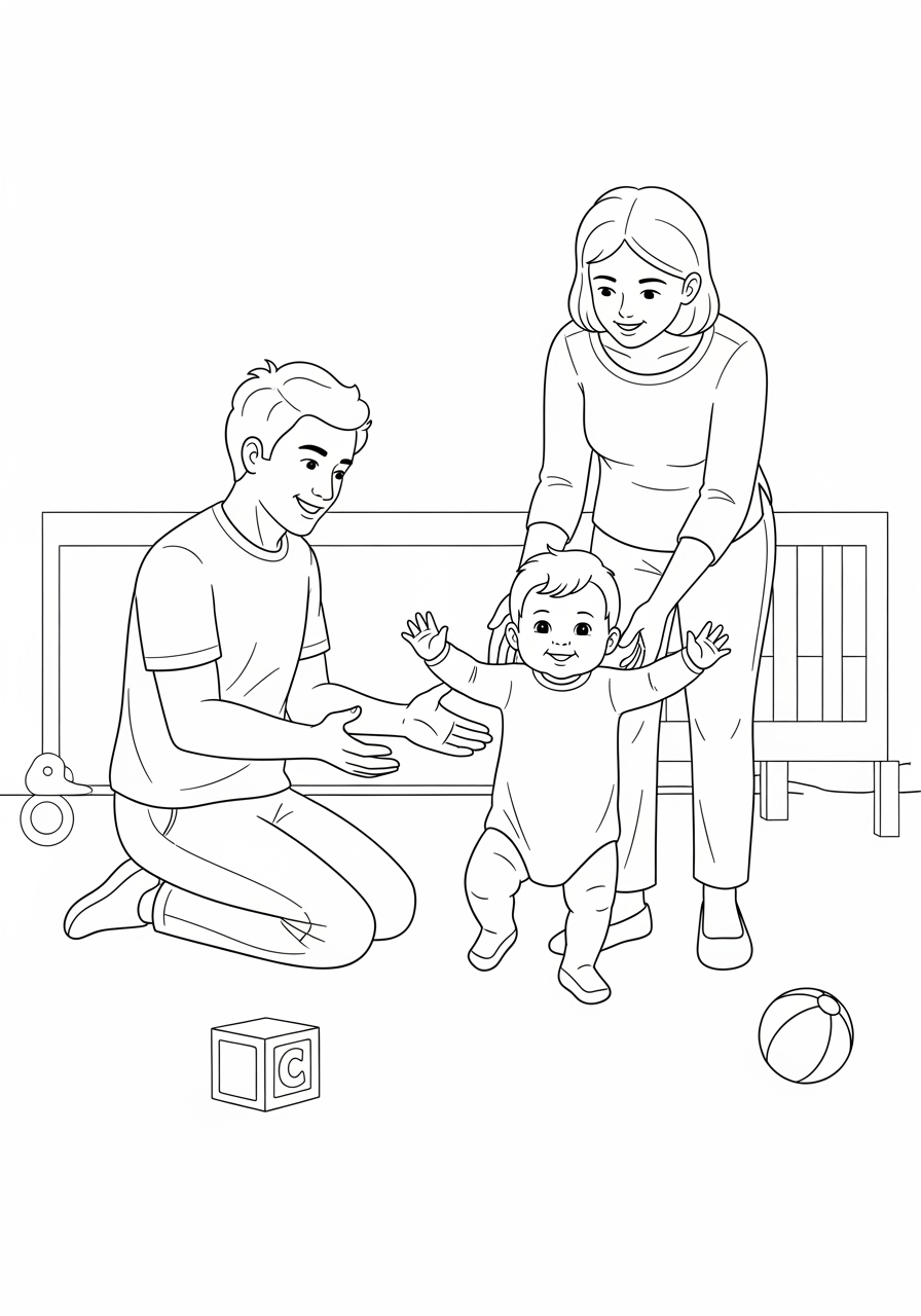 Desenho de Bebê com Pais brincando para colorir