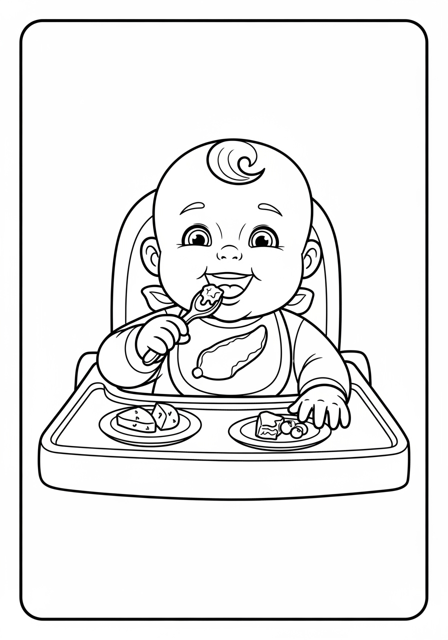 Desenho de Bebê Fofo comendo na cadeira para colorir