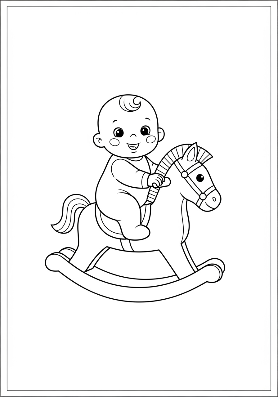 Desenho de Bebê sorridente em cavalo de balanço para colorir