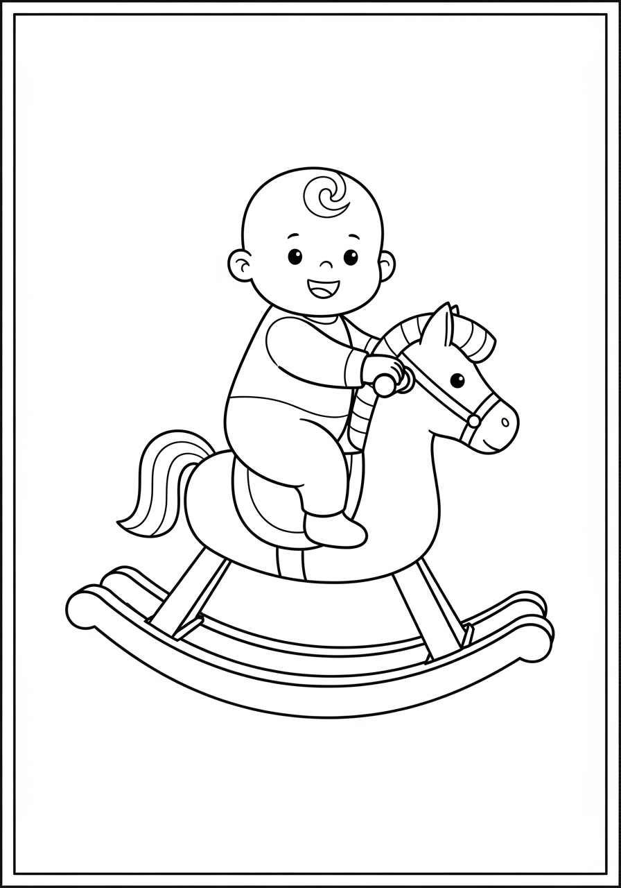 Desenho de Bebê Fofinho montado em cavalo de balança para colorir