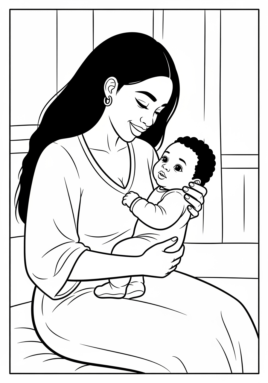 Desenho de Bebê sendo segurado por mãe para colorir