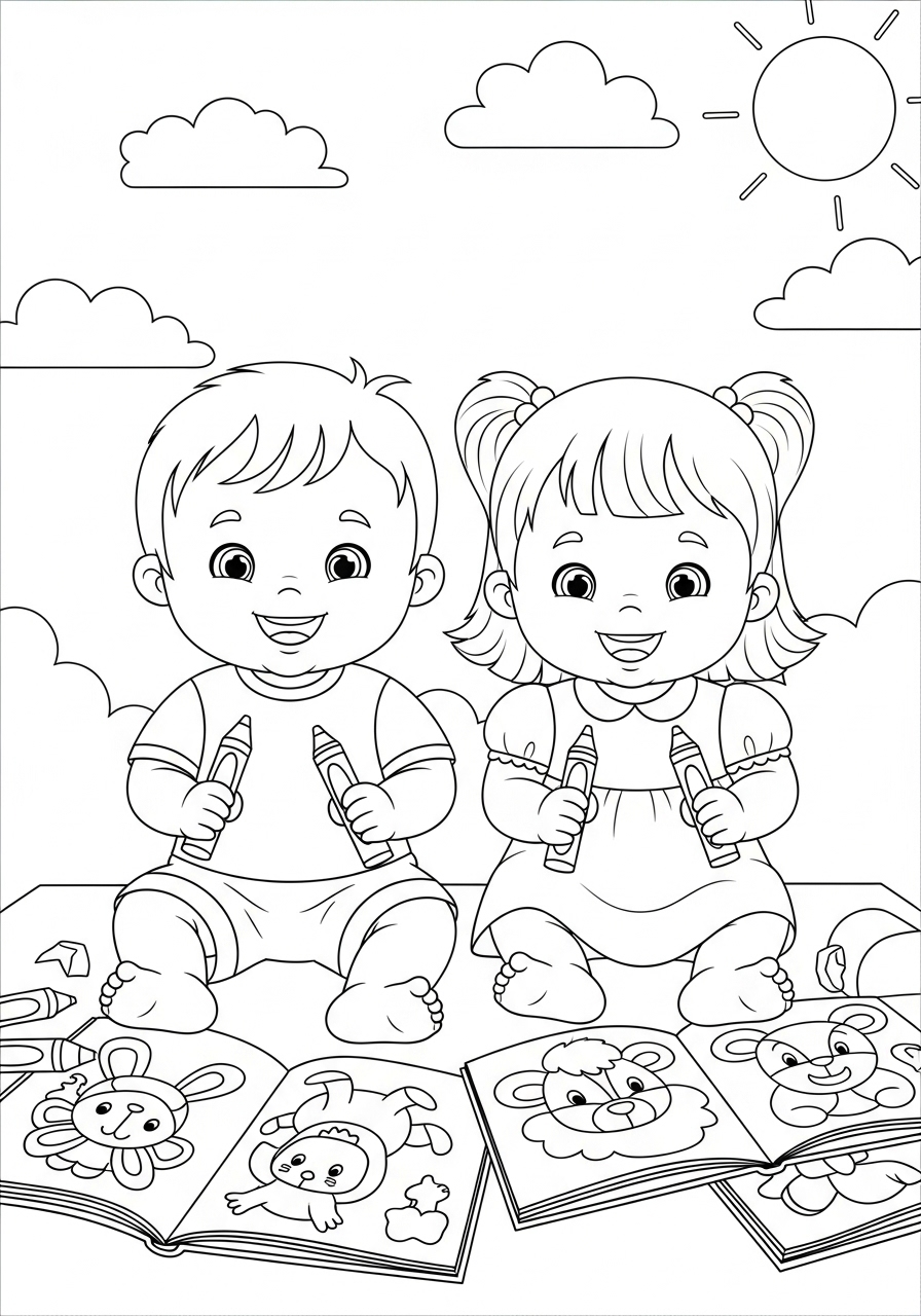 Desenho de Bebês felizes colorindo com lápis