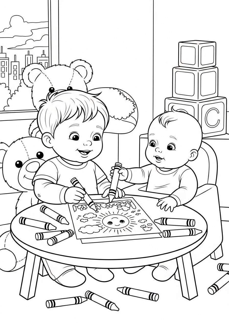 Desenho de Bebês colorindo com lápis em mesa