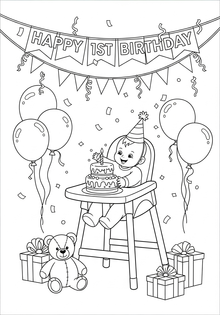 Desenho de Bebê primeiro aniversário para colorir