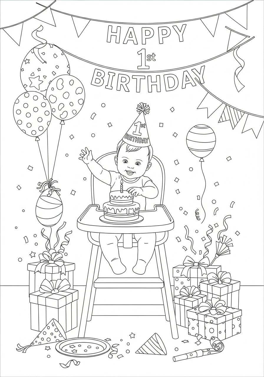 Desenho de Bebê com bolo em festa de aniversario para colorir