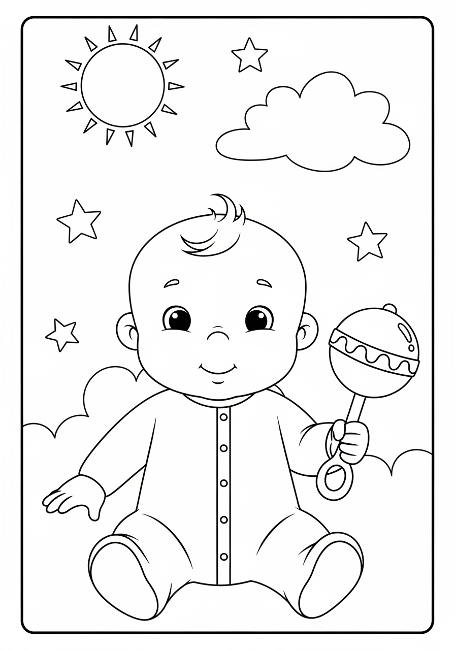 Desenho de Bebê com chocalho e nuvens para colorir