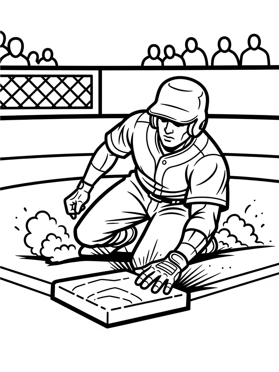 Desenho de Beisebol com jogador chegando na base para colorir