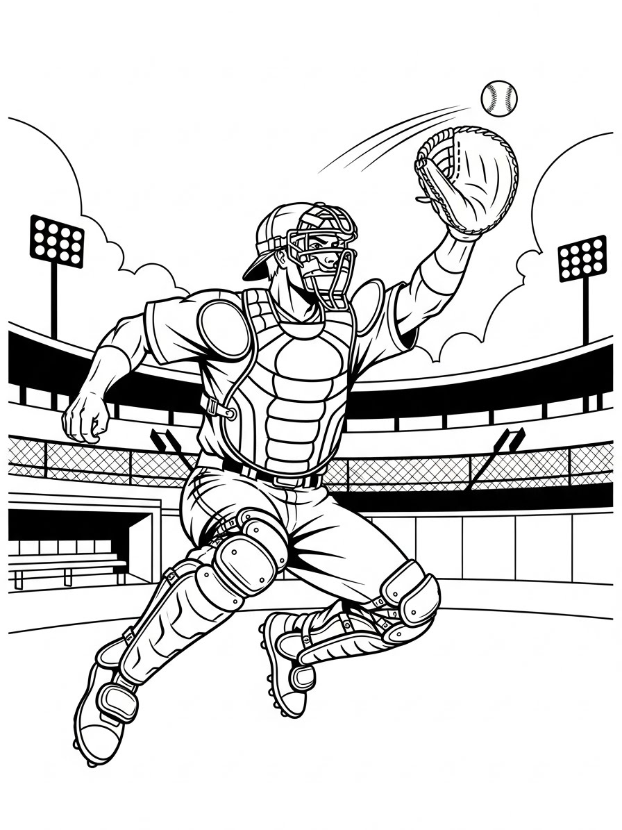 Desenho de Beisebol com catcher pegando uma bola para colorir