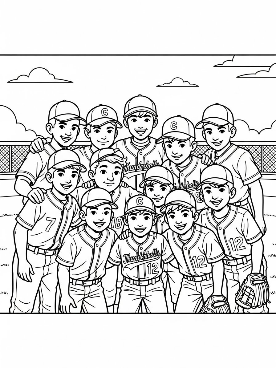 Desenho de Beisebol com time de jogadores para colorir