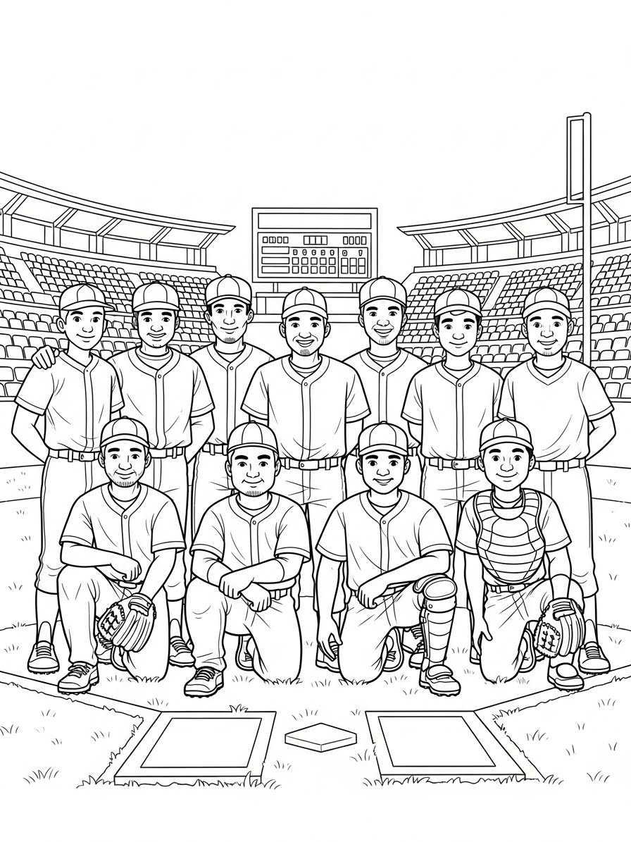 Desenho de Beisebol com time posando para colorir