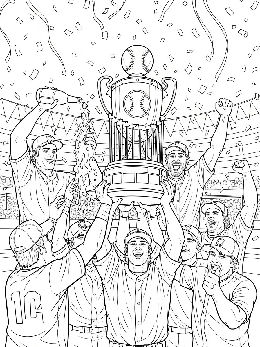 Desenho de Beisebol com troféu sendo comemorado para colorir