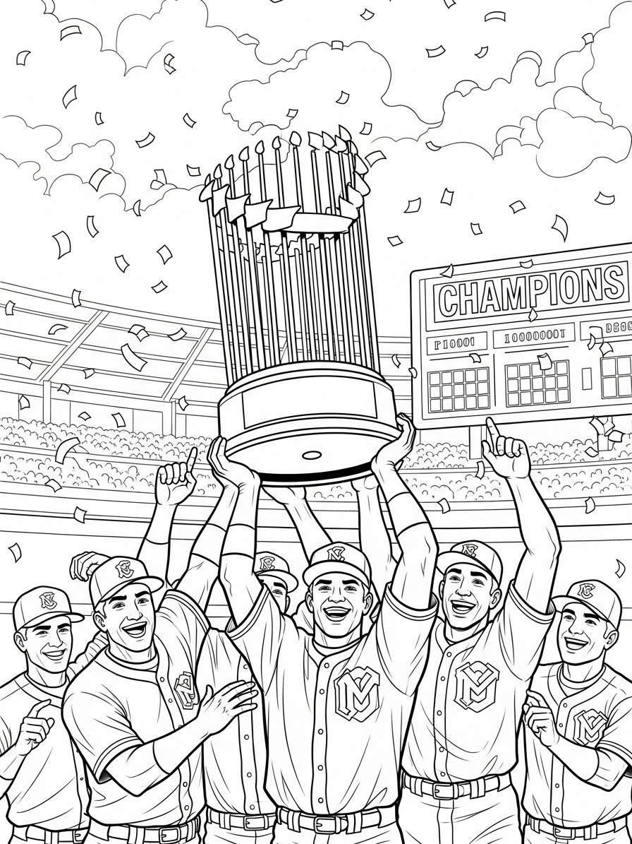 Desenho de Beisebol com troféu e jogadores felizes para colorir