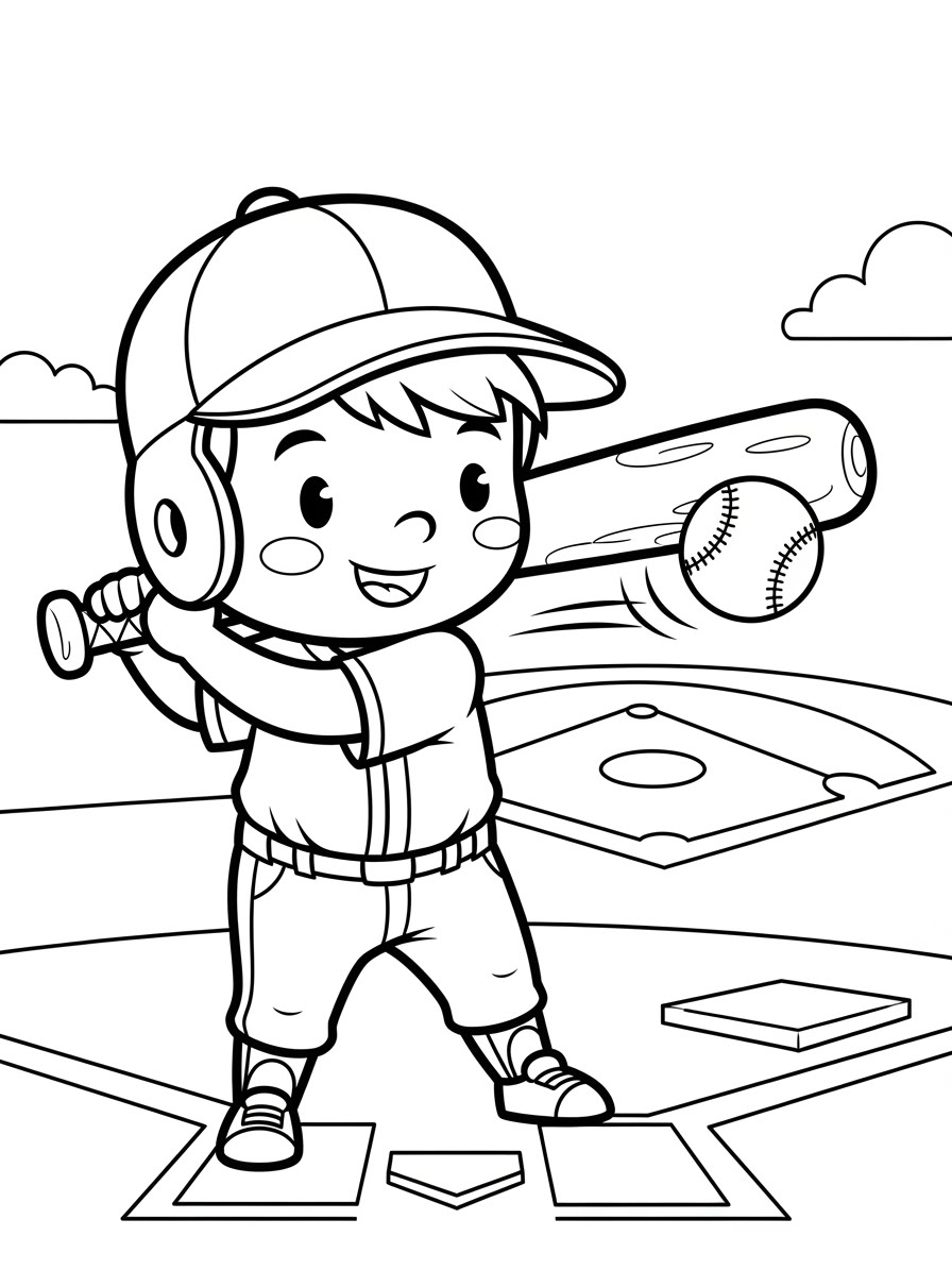 Desenho de Beisebol com criança batendo para colorir