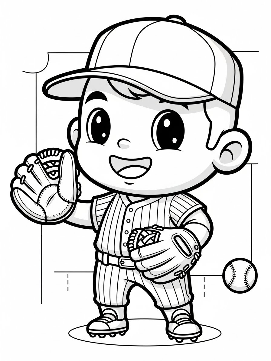 Desenho de Beisebol com menino segurando luva para colorir