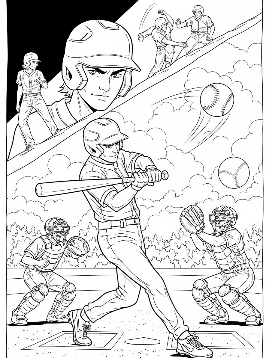 Desenho de Beisebol com jogador batendo e jogadores de campo