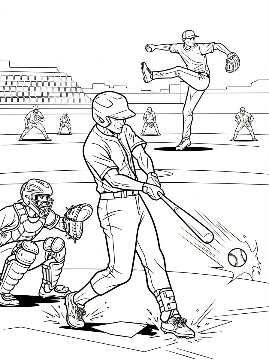Desenho de Beisebol com jogador rebatendo para colorir