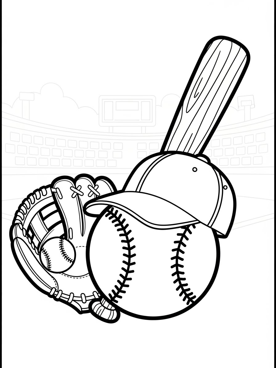 Desenho de Beisebol com luva bola e bastão para colorir