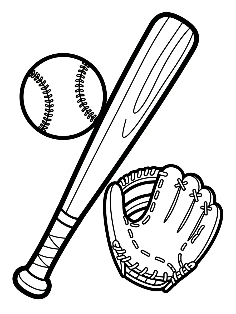 Desenho de Beisebol com bola taco e luva para colorir