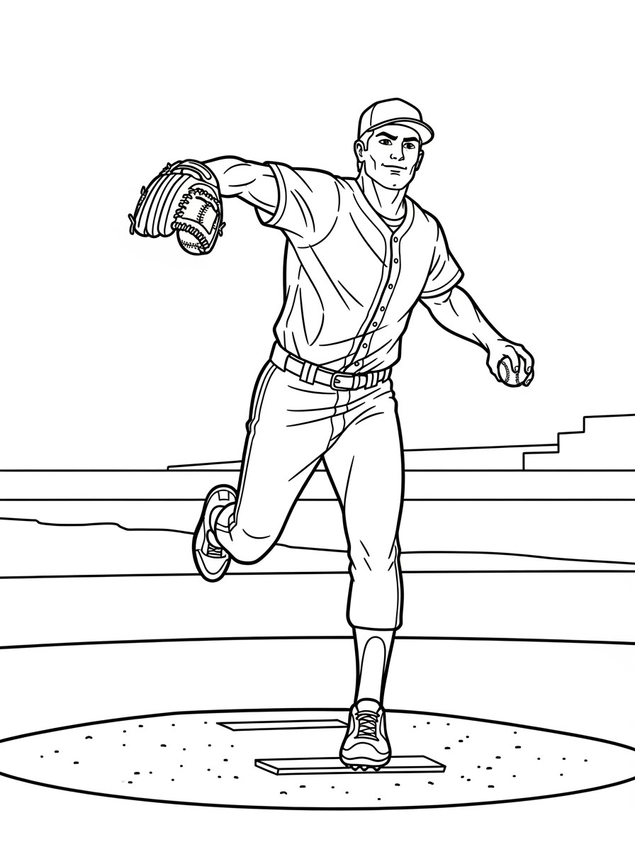 Desenho de Beisebol com jogador arremessando para colorir