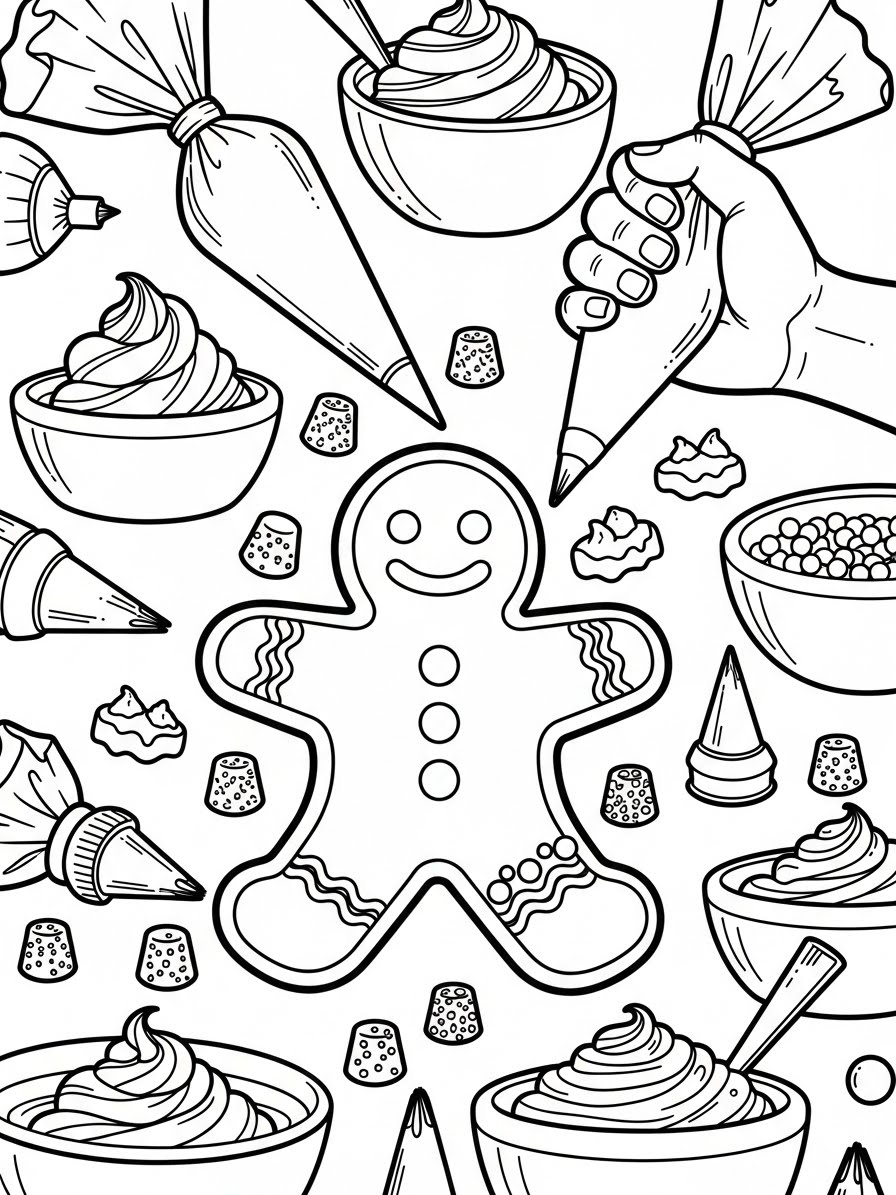 Desenho de Biscoito de Gengibre com coberturas para colorir