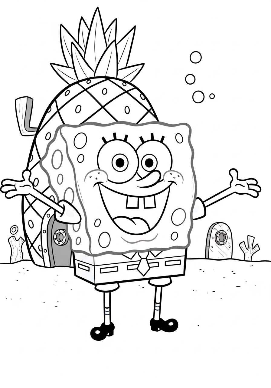 Desenho do Bob Esponja na frente de sua casa abacaxi