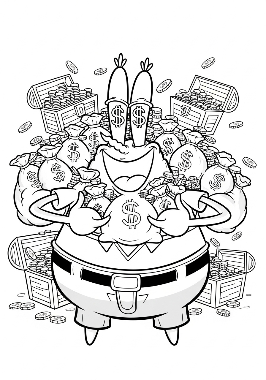 Desenho do Sr Sirigueijo cercado por dinheiro e tesouros para colorir