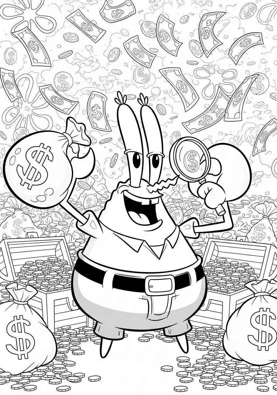 Desenho do Sr Sirigueijo feliz com sacos de dinheiro